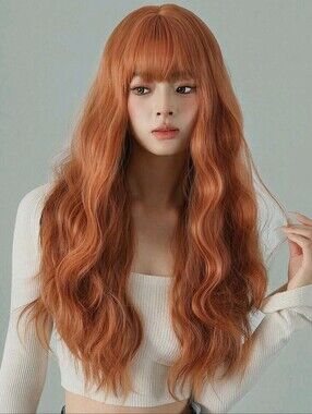 Long Wavy Synthetic Wig with Bangs - Copper Red